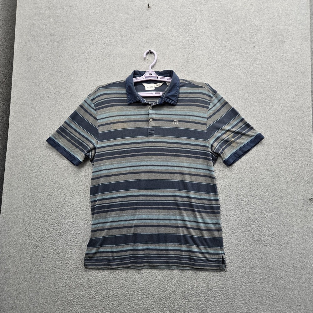 Travismathew Men Polo L Blue Embroidered Striped‎ Golf Shirt Button Logo